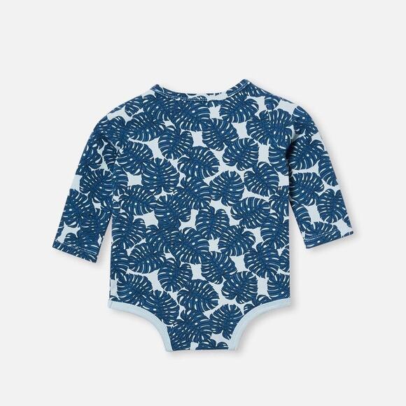 Cotton On Long Sleeve Bubbysuit Frosty Blue Tropical Leaves Size 0-3 Months - Picture 4 of 5